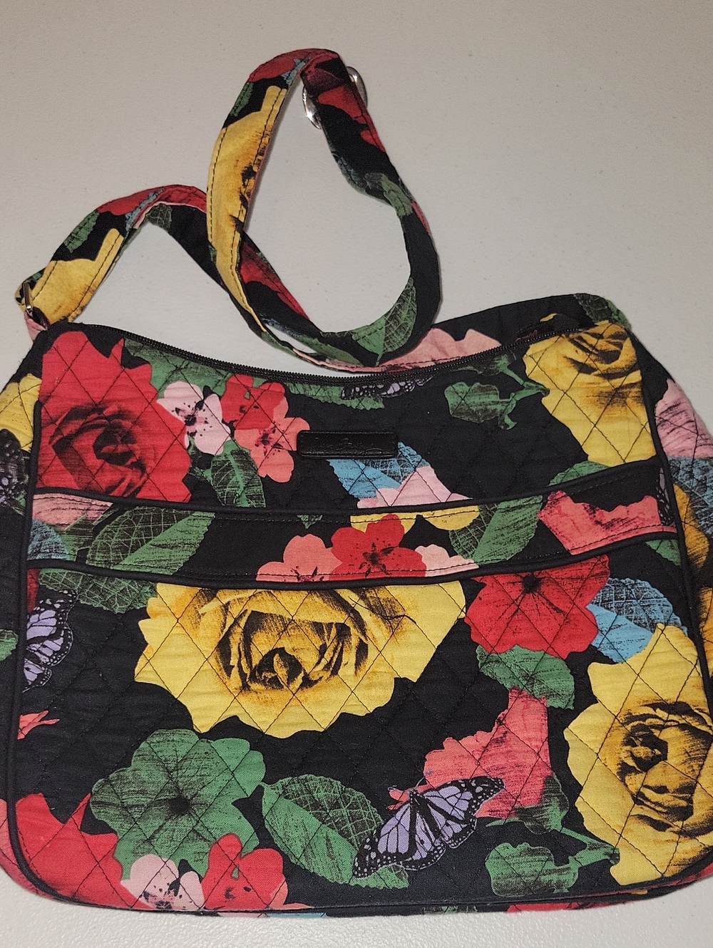 Vera Bradley Black Quilted Shoulder Bag with Yellow, Red, Green Floral Print